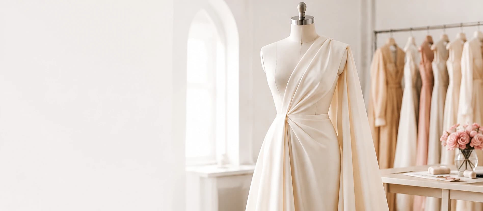 Ivory draped couture gown displayed on a cream dress form in a bright atelier