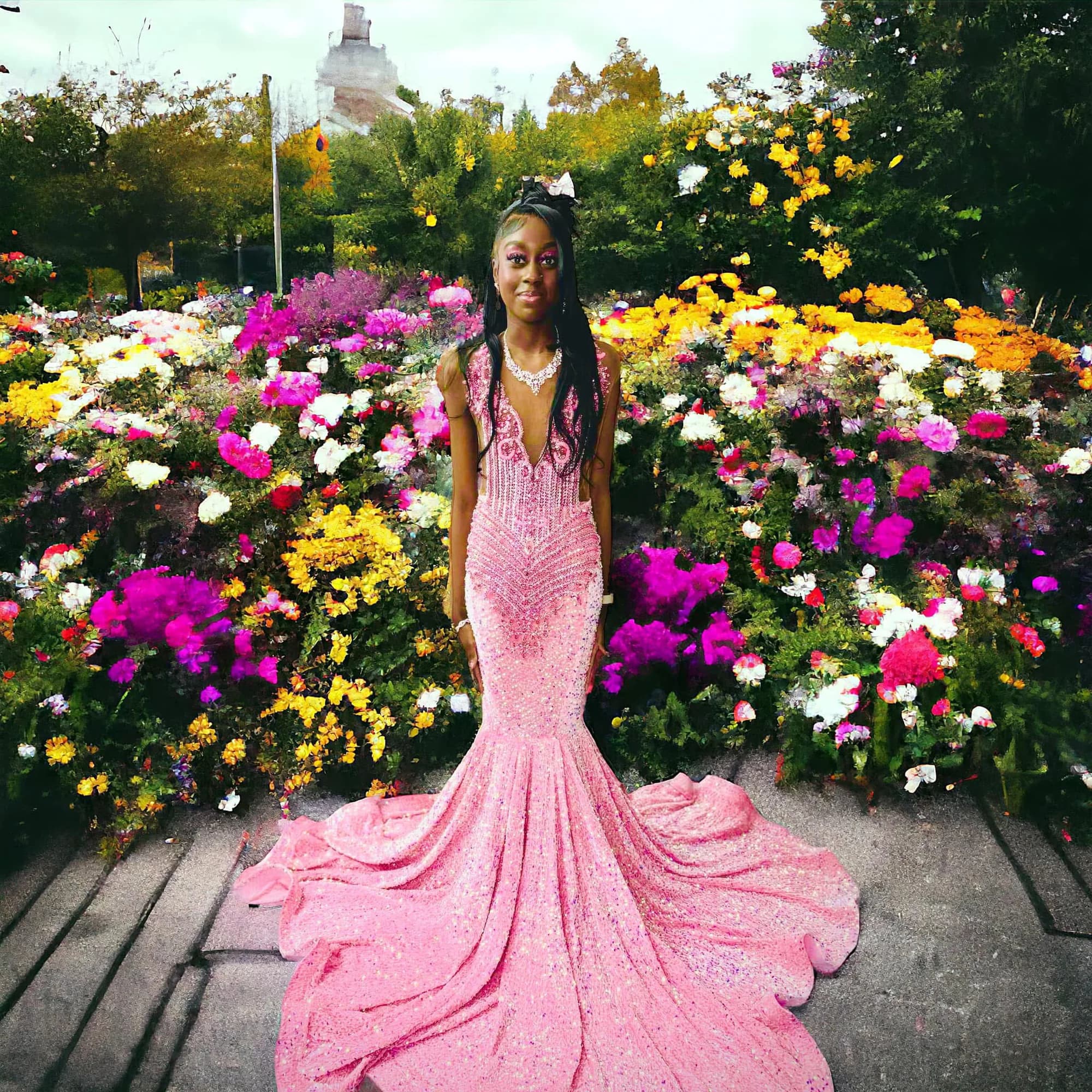 Client wearing a pink crystal gown with a sweeping train in a flower garden